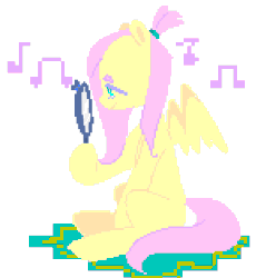 Size: 869x943 | Tagged: safe, artist:milky-rabbit, fluttershy, pegasus, pony, g4, alternate hairstyle, animated, female, gif, mirror, music notes, solo