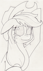 Size: 1044x1728 | Tagged: safe, artist:sketchwhatyousee, applejack, earth pony, pony, g4, crying, female, smiling, solo, traditional art