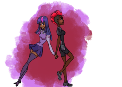 Size: 1400x1000 | Tagged: safe, artist:narcelina, fizzlepop berrytwist, tempest shadow, twilight sparkle, human, g4, my little pony: the movie, armor, blushing, clothes, dark skin, duo, eyeshadow, female, flats, high heels, holding hands, humanized, lesbian, lipstick, makeup, ship:tempestlight, shipping, shoes, simple background, skirt, socks, stockings, thigh highs, transparent background, zettai ryouiki