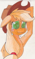 Size: 1037x1742 | Tagged: safe, artist:sketchwhatyousee, applejack, earth pony, pony, g4, crying, female, smiling, solo, traditional art
