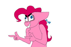 Size: 600x400 | Tagged: safe, artist:sodadoodle, derpibooru exclusive, pinkie pie, earth pony, anthro, g4, dark eyes, derp, female, finger gun, finger guns, fingers, floppy ears, hand, simple background, solo, teeth, thick eyebrows, wat, white background