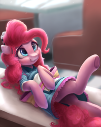 Size: 774x972 | Tagged: safe, artist:vanillaghosties, pinkie pie, earth pony, pony, coinky-dink world, g4, my little pony equestria girls: summertime shorts, clothes, cute, diapinkes, equestria girls ponified, female, mare, ponified, server pinkie pie, smiling, solo, waitress