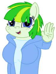 Size: 1200x1600 | Tagged: safe, artist:toyminator900, oc, oc only, oc:green lightning, anthro, anthro oc, breasts, clothes, female, freckles, hand, hoodie, open mouth, simple background, solo, transparent background