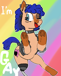 Size: 864x1080 | Tagged: safe, artist:tacodeltaco, derpibooru exclusive, oc, oc only, oc:heartspring, earth pony, pony, amputee, bandana, clothes, collar, female, gay pride, jacket, lgbt, looking at you, mare, meme, one eye closed, pride, prosthetic limb, prosthetics, rainbow background, solo, tail wrap, tongue out, wink