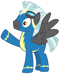 Size: 2450x2984 | Tagged: safe, artist:sketchmcreations, thunderlane, pegasus, pony, g4, marks and recreation, clothes, goggles, high res, male, raised hoof, simple background, solo, spread wings, stallion, transparent background, uniform, vector, wings, wonderbolts uniform