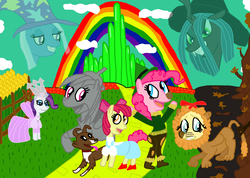 Size: 3216x2292 | Tagged: safe, artist:sb1991, apple bloom, fluttershy, pinkie pie, queen chrysalis, rainbow dash, rarity, trixie, winona, earth pony, pony, g4, challenge, cornfield, cowardly lion, dorothy gale, emerald city, equestria amino, forest, glinda the good witch, high res, poppies, rainbow, scarecrow, the wizard of oz, tinman, toto, wicked witch of the west, yellow brick road