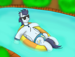 Size: 4032x3024 | Tagged: safe, artist:tacomytaco, soarin', pegasus, pony, g4, belly button, chest fluff, clothes, inner tube, jewelry, male, necklace, pool toy, relaxing, solo, speedo, sunglasses, swimming pool, swimsuit, water, wristband