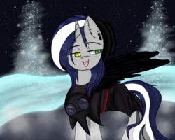 Size: 1280x1024 | Tagged: safe, artist:starlit nightcast, oc, oc only, oc:starlit nightcast, alicorn, pony, alicorn oc, hat, heterochromia, plague doctor, plague doctor mask, pork pie hat, solo, tongue out