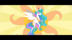 Size: 1365x767 | Tagged: safe, screencap, princess celestia, alicorn, pony, g4, my little pony: the movie, crown, cutie mark background, end credits, female, jewelry, mare, multicolored mane, multicolored tail, no pupils, peytral, pointy ponies, praise the sun, purple eyes, regalia, smiling, solo, spread wings, sun, tiara