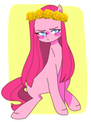 Size: 818x1095 | Tagged: safe, artist:milky-rabbit, pinkie pie, earth pony, pony, g4, blush sticker, blushing, cute, cuteamena, female, floral head wreath, flower, looking at you, pinkamena diane pie, simple background, sitting, solo, unamused