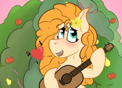 Size: 2000x1450 | Tagged: safe, artist:koonzypony, pear butter, g4, apple, flower, food, guitar, heart, note, pear, singing, tree