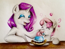 Size: 2334x1770 | Tagged: safe, artist:nolyanimeid, rarity, sweetie belle, forever filly, g4, banana split, female, food, ice cream, sibling love, siblings, sisterly love, sisters, traditional art