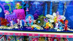 Size: 2048x1152 | Tagged: safe, applejack, big macintosh, dj pon-3, fluttershy, pinkie pie, rainbow dash, rarity, starlight glimmer, twilight sparkle, vinyl scratch, alicorn, pony, seapony (g4), g4, my little pony: the movie, official, brushable, display case, ocean, seaponified, seapony applejack, seapony pinkie pie, seapony rarity, species swap, toy, twilight sparkle (alicorn)