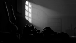 Size: 2560x1440 | Tagged: safe, artist:narbarnar, starlight glimmer, pony, unicorn, g4, ambiguous gender, atmosphere, bed, black and white, bookshelf, dark, darkness, grayscale, indoors, light, looking at you, lying down, lying on bed, messy mane, monochrome, on back, on bed, realistic, room, solo, staff, staff of sameness, starlight's room, window