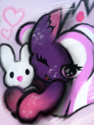 Size: 768x1024 | Tagged: safe, artist:wolfkrft, oc, oc only, earth pony, pony, bunny plushie, crown, cute, giggling, happy, holding, jewelry, plushie, purple, regalia, solo