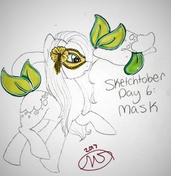 Size: 1024x1056 | Tagged: safe, artist:crystalizedflames, oc, oc only, oc:parisia, plant pony, pony, augmented tail, female, mask, partial color, sketch, solo, tailmouth, traditional art