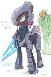 Size: 1200x1800 | Tagged: safe, artist:satv12, tempest shadow, human, pony, g4, my little pony: the movie, arbiter, armor, crossover, dialogue, duo, energy sword, female, halo (series), human male, male, mare, master chief, signature, simple background, solo, thel 'vadam, weapon, white background