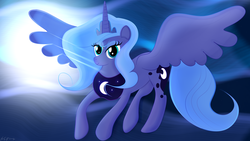 Size: 3840x2160 | Tagged: safe, artist:startledflowerpony, princess luna, pony, g4, female, flying, high res, moon, s1 luna, solo