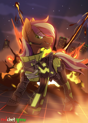 Size: 1200x1668 | Tagged: safe, artist:redchetgreen, oc, oc only, earth pony, pony, armor, city, cloud, commission, explosion, gun, headset, male, night, smiling, stallion, weapon, ych result