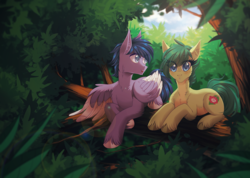 Size: 1266x900 | Tagged: safe, artist:margony, oc, oc only, earth pony, pegasus, pony, cloud, female, looking at you, male, mare, prone, sky, smiling, stallion, tree, tree branch