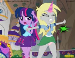 Size: 1421x1106 | Tagged: safe, artist:conikiblasu-fan, derpy hooves, twilight sparkle, human, equestria girls, g4, my little pony: the movie, breasts, clothes, derpy's sacrifice, duo, epic derpy, equestria girls interpretation, eyes closed, female, hat, heroic sacrifice, legs, movie accurate, obsidian orb, panties, panty shot, party hat, patreon, patreon logo, pink underwear, sacrifice, scene interpretation, skirt, skirt lift, twilight sparkle (alicorn), underwear, upskirt
