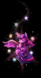 Size: 1216x2329 | Tagged: safe, artist:scatteredscrolls, twilight sparkle, alicorn, pony, g4, eyes closed, female, glowing horn, horn, mare, smiling, solo, spread wings, twilight sparkle (alicorn), wings