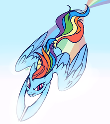 Size: 1324x1500 | Tagged: safe, artist:rhythmcrown, rainbow dash, pegasus, pony, g4, female, flying, grin, mare, rainbow, smiling, solo, spread wings, wings