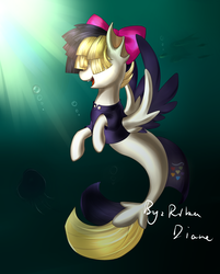 Size: 1998x2480 | Tagged: safe, artist:rikadiane, songbird serenade, jellyfish, pegasus, seapony (g4), g4, my little pony: the movie, bubble, clothes, crepuscular rays, digital art, dorsal fin, female, fin, fin wings, fins, floppy ears, mare, ocean, open mouth, open smile, scales, seaponified, seapony songbird serenade, signature, smiling, solo, species swap, sunlight, swimming, teeth, underwater, water, wings