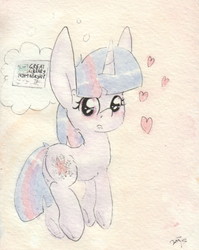 Size: 688x863 | Tagged: safe, artist:slightlyshade, twilight sparkle, pony, unicorn, g4, blushing, book, female, heart, solo, that pony sure does love books, thought bubble, traditional art