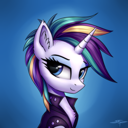 Size: 3000x3000 | Tagged: safe, artist:setharu, rarity, pony, unicorn, it isn't the mane thing about you, alternate hairstyle, bust, chest fluff, clothes, cute, ear fluff, eyeshadow, female, lidded eyes, looking at you, makeup, mare, multicolored hair, portrait, punk, raribetes, raripunk, signature, smiling, solo