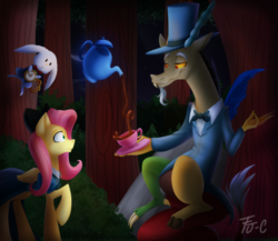 Size: 800x693 | Tagged: safe, artist:fj-c, angel bunny, discord, fluttershy, draconequus, pegasus, pony, rabbit, g4, alice in wonderland, animal, bow, bowtie, clothes, crossover, dress, female, floating, food, kettle, mad hatter, male, march hare, mare, suit, tea