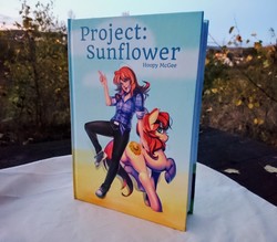 Size: 3963x3464 | Tagged: safe, artist:bakki, oc, oc only, oc:erin olsen, oc:sunflower, human, pony, fanfic:project sunflower, book, book cover, converse, fanfic, fanfic art, high res, outdoors, physical copy, shoes