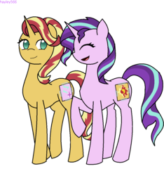 Size: 960x1024 | Tagged: safe, artist:hayley566, starlight glimmer, sunset shimmer, pony, unicorn, g4, alternate hairstyle, duo, eyes closed, fake cutie mark, female, mane swap, mare, nightmare night, simple background, transparent background