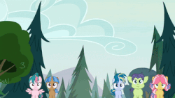Size: 400x225 | Tagged: safe, screencap, cucumber seed, kettle corn, mocha berry, rumble, skeedaddle, tulip swirl, earth pony, pegasus, pony, unicorn, g4, marks and recreation, animated, blank flanks forever, colt, female, filly, gif, male