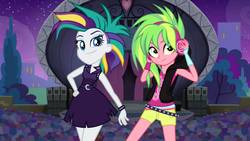 Size: 1920x1080 | Tagged: safe, artist:edwardp31, artist:punzil504, artist:xebck, lemon zest, rarity, equestria girls, g4, alternate hairstyle, clothes, dress, headphones, punk, raripunk, shorts