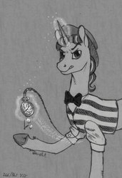 Size: 480x700 | Tagged: safe, artist:dany-the-hell-fox, flim, pony, unicorn, tabun art-battle, g4, broken, glowing horn, grayscale, horn, magic, male, monochrome, pocket watch, solo, telekinesis