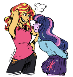 Size: 807x852 | Tagged: safe, artist:overlordneon, sunset shimmer, twilight sparkle, equestria girls, g4, alternate clothes, arm behind back, armpits, blushing, clothes, cute, duo, female, hand on hip, lesbian, looking at each other, shimmerbetes, ship:sunsetsparkle, shipping, simple background, smiling, sweater, twiabetes