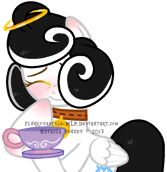 Size: 764x785 | Tagged: safe, artist:lenidusen, oc, oc only, oc:snow angel, pegasus, pony, bell, bell collar, black hair, black mane, blushing, collar, cup, digital art, eyes closed, female, mare, simple background, solo, teacup, transparent background, watermark, white coat
