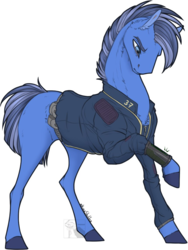 Size: 747x991 | Tagged: safe, artist:dementra369, oc, oc only, earth pony, pony, clothes, fallout, male, raised hoof, simple background, solo, uniform, white background