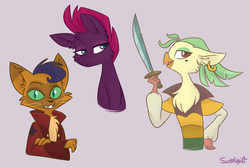 Size: 1024x683 | Tagged: safe, artist:flourret, capper dapperpaws, captain celaeno, fizzlepop berrytwist, tempest shadow, abyssinian, bird, cat, pony, unicorn, anthro, g4, my little pony: the movie, anthro with ponies, broken horn, bust, chest fluff, clothes, fluffy, horn, portrait, simple background, sword, trio, weapon