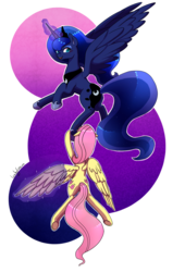 Size: 2434x3576 | Tagged: safe, artist:leafycrown, fluttershy, princess luna, alicorn, pegasus, pony, g4, female, high res, lesbian, magic, mare, open mouth, ship:lunashy, shipping, simple background, transparent background