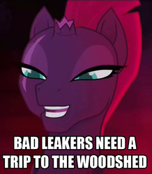 Size: 469x538 | Tagged: safe, edit, edited screencap, screencap, tempest shadow, pony, g4, my little pony: the movie, cropped, image macro, imminent spanking, meme, pretty, smiling, the man they call ghost, true capitalist radio, when she smiles, woodshed