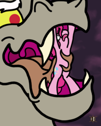 Size: 1600x2000 | Tagged: safe, artist:perpendicular white, derpibooru exclusive, discord, pinkie pie, pony, g4, art challenge, digital, fetish, imminent vore, micro, mouth, pinkie prey, simple background, size difference, struggling, the discord zone, tongue out, vore