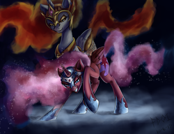 Size: 3000x2300 | Tagged: safe, artist:foughtdragon01, daybreaker, twilight sparkle, alicorn, pony, g4, ethereal mane, evil smile, female, grin, helmet, high res, hoof shoes, mare, nightmare twilight, nightmarified, smiling, teacher and student, twilight sparkle (alicorn), ultimate twilight