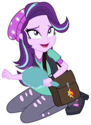 Size: 1600x2200 | Tagged: safe, artist:famousmari5, starlight glimmer, equestria girls, equestria girls specials, g4, my little pony equestria girls: mirror magic, beanie, clothes, cute, female, glimmerbetes, hat, kneeling, lidded eyes, mirror, open mouth, shoulder bag, simple background, sitting, solo, torn clothes, transparent background, vector, vest, watch