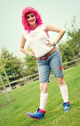 Size: 2016x3176 | Tagged: safe, artist:sarahndipity cosplay, pinkie pie, human, equestria girls, g4, my little pony equestria girls: legend of everfree, bracelet, camp everfree outfits, clothes, cosplay, costume, hand on hip, high res, irl, irl human, jewelry, looking at you, photo, scenery, smiling, smiling at you, solo