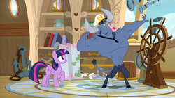 Size: 1920x1080 | Tagged: safe, screencap, iron will, twilight sparkle, alicorn, pony, g4, once upon a zeppelin, airship, captain hat, flexing, helm, twilight sparkle (alicorn), zeppelin