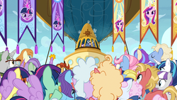 Size: 1920x1080 | Tagged: safe, screencap, agua fresca, chain letter (character), chelsea porcelain, cherry mango, iron will, lens reflex, lily peel, oasis breeze, paddleball (character), pearly stitch, princess cadance, shining armor, spray tag, sun cloche, sunny side, tropic heat, twilight sparkle, twilight velvet, well-wisher, alicorn, pony, once upon a zeppelin, airship, alicorn costume, clothes, costume, fake horn, fake wings, twilight sparkle (alicorn), twilight sparkle costume, zeppelin