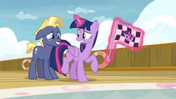 Size: 1920x1080 | Tagged: safe, screencap, star tracker, twilight sparkle, alicorn, pony, g4, once upon a zeppelin, airship, duo, female, male, mare, stallion, twilight sparkle (alicorn), zeppelin
