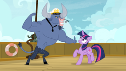 Size: 1920x1080 | Tagged: safe, screencap, iron will, twilight sparkle, alicorn, minotaur, pony, g4, once upon a zeppelin, airship, captain hat, twilight sparkle (alicorn), zeppelin